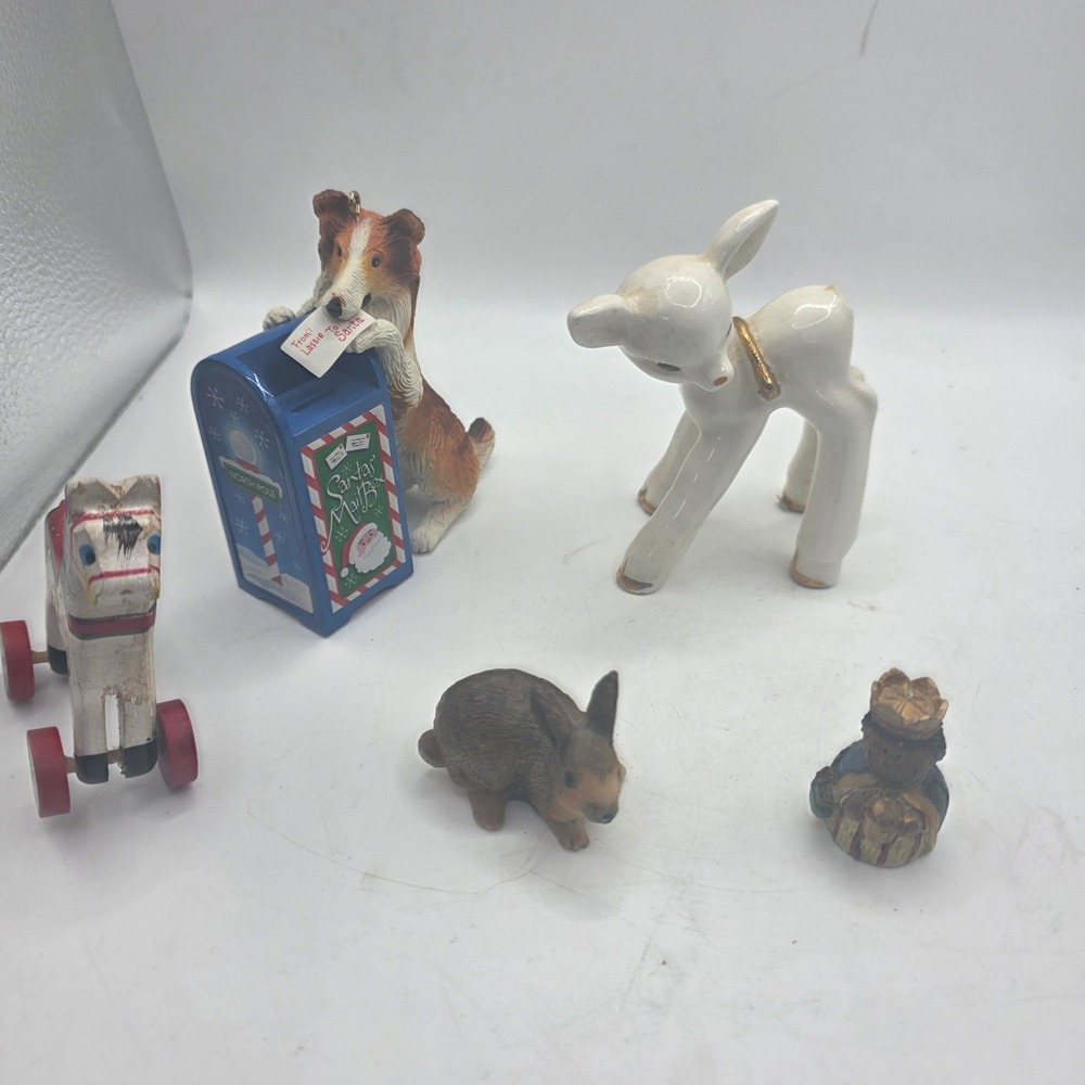 Vintage Christmas Figurine Ornament Lot of 5 Lassie Deer Rabbit Pull Toy Horse